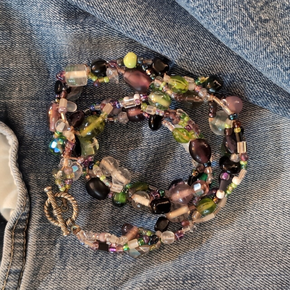Purple and green beaded necklace